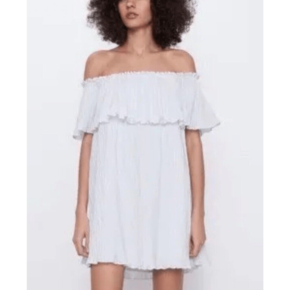 Zara Ruffled Pleated Sleeveless Short‎ Voluminous Dress White Size M